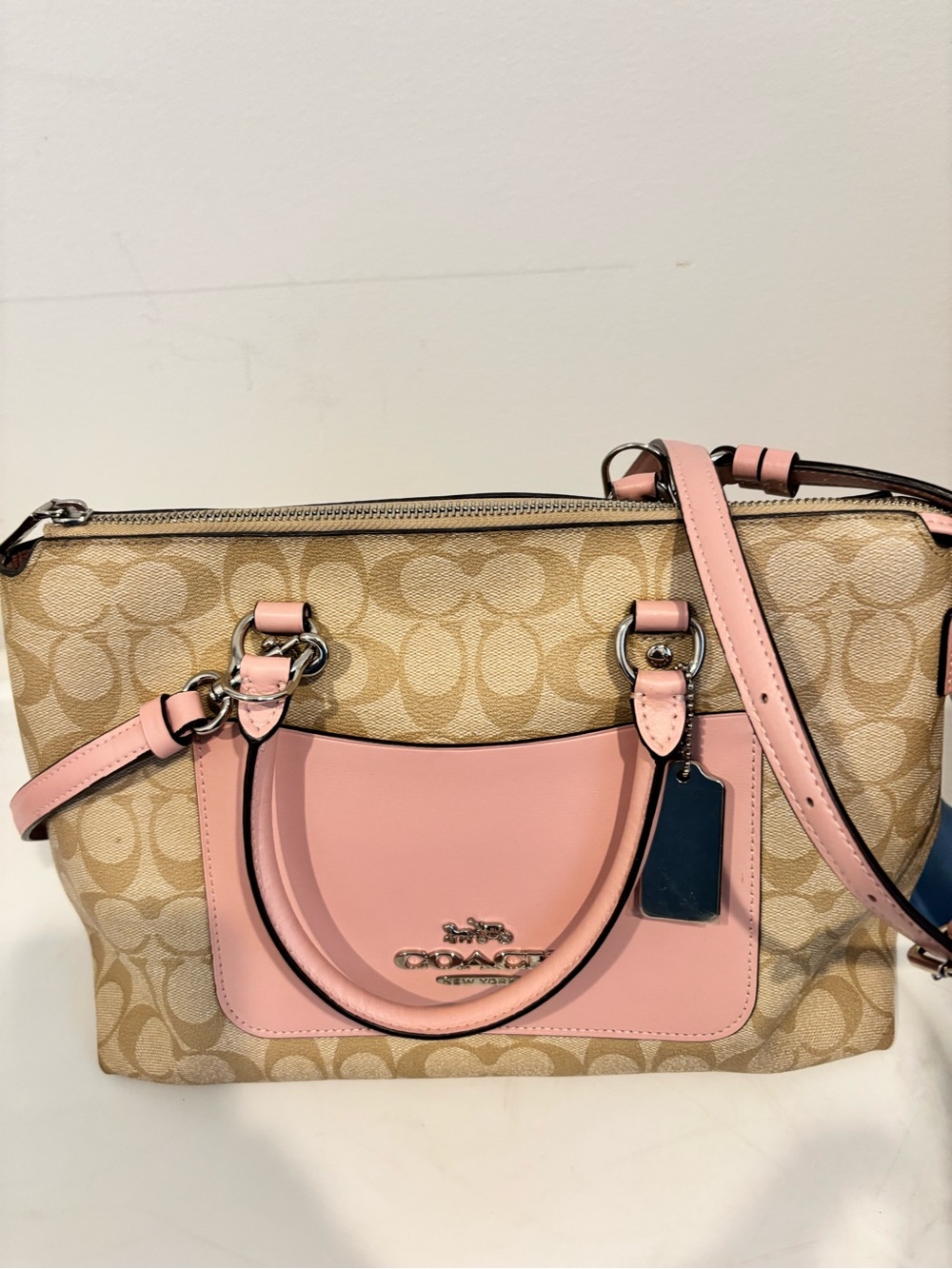 COACH Emma Signature Canvas Satchel with Pink Leather Trim Mint - Picture 2 of 9